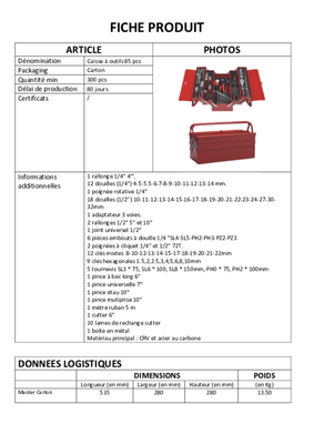 Equipement d'atelier - Outillages à main - Caisse à outils 85 pièces