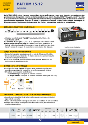 Batteries et accessoires - Chargeurs - Chargeur électronique BATIUM 15 - 12