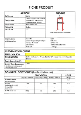 Equipement d'atelier - Presses - Presse d'atelier verin hydraulique 20 T
